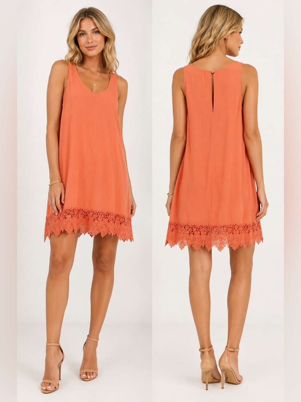 ASTR Coral Pop Sleeveless Lace Hem Shift Dress Size Small NWT